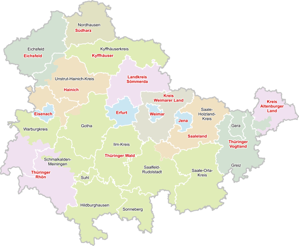Karte von Thüringen mit touristischen Regionen